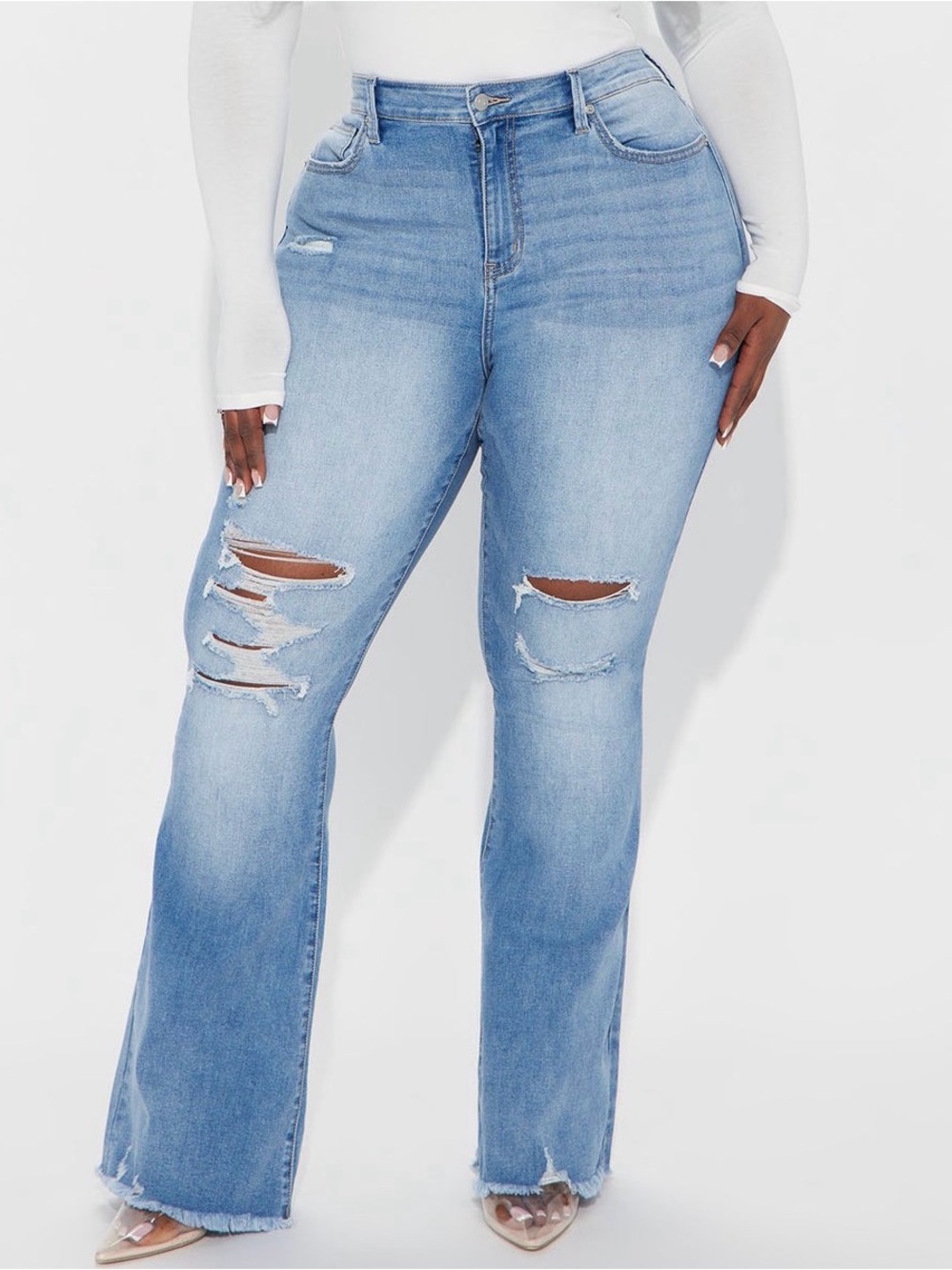 Fashion Nova High-Rise Wandered Off Stretch Ripped Flare Jeans- Light Wash
